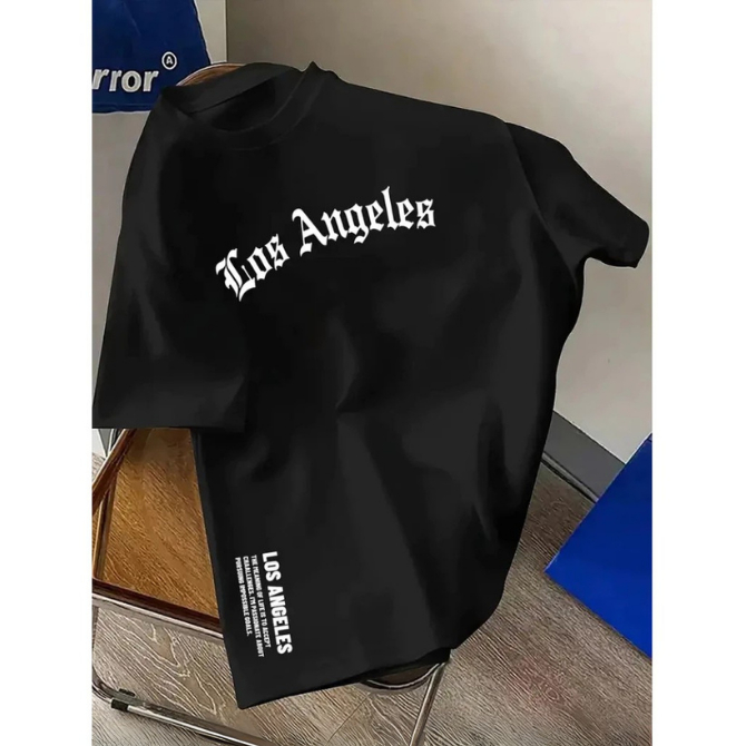 Camiseta Oversized Grande Los Angeles 100% Algodão Preta Estampada Streetwear USA