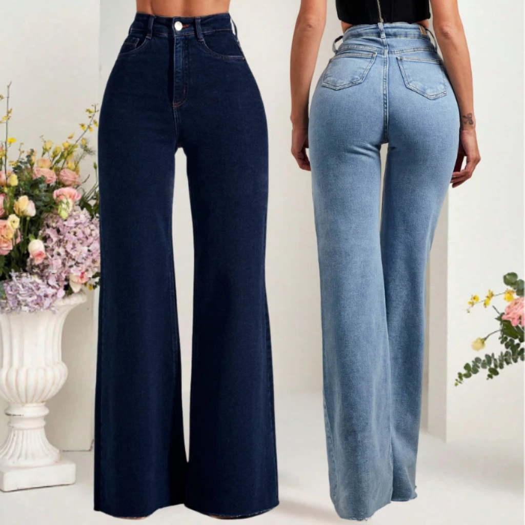 Calça Jeans Feminina Wide Leg Pantalona Cós Alto 100% Algodão Premium Boca Larga Blogueira