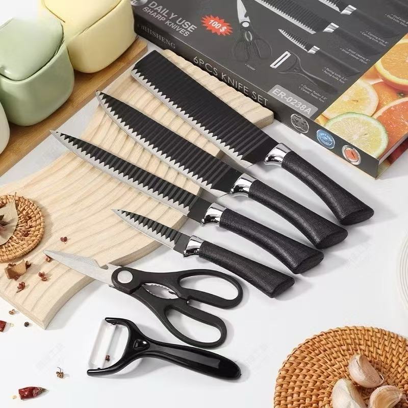 Kit de Conjunto Facas Coloridas/Pretos Tesoura Descascador Cozinha Gourmet 6 Peças