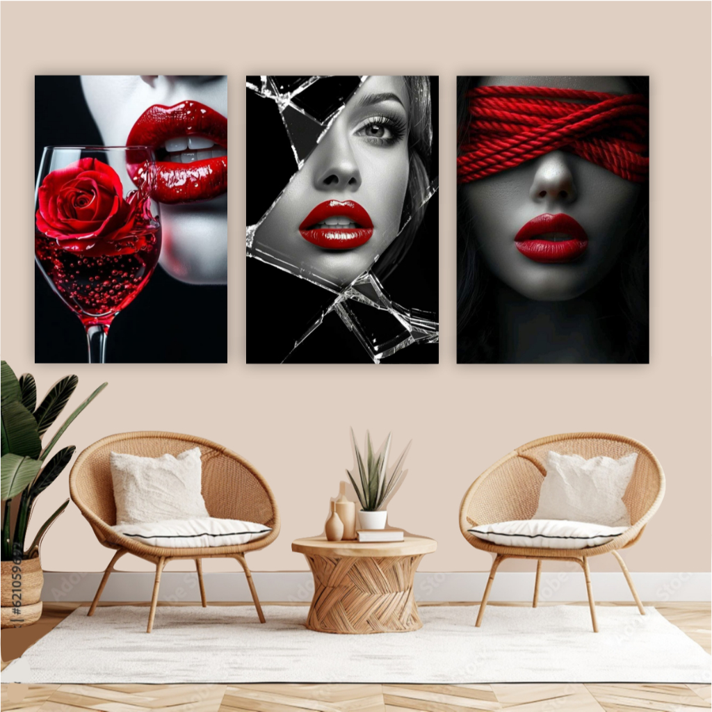 Quadro decorativo 3 peças mulher espelho taça rosa vermelha decoração feminina sala quarto