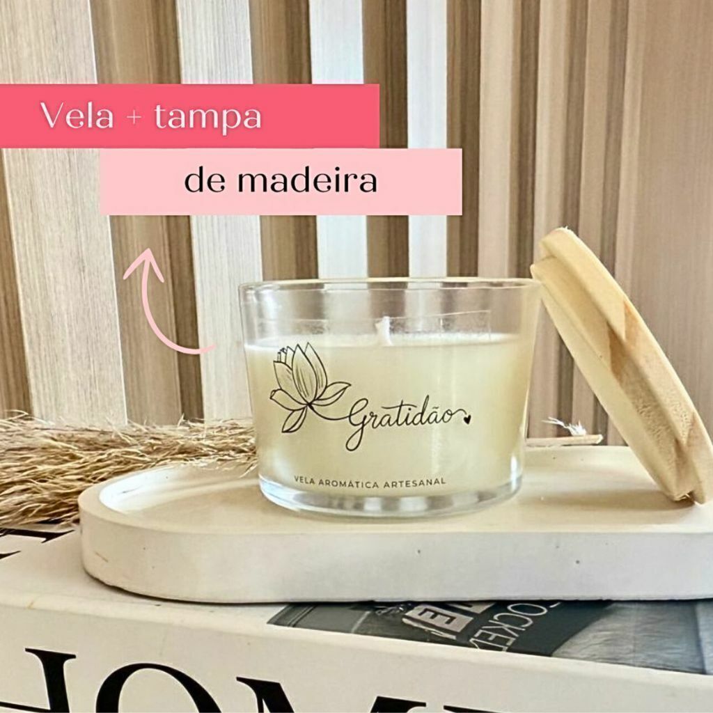 Vela perfumada  frase Gratidão  -  100g COM TAMPA DE MADEIRA - ARTESANAL VEGANA em Oferta na Shopee