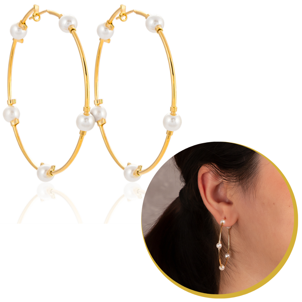 Brinco Argola Média Banhada A Ouro Com Pérolas Moda Joia Para Mulher