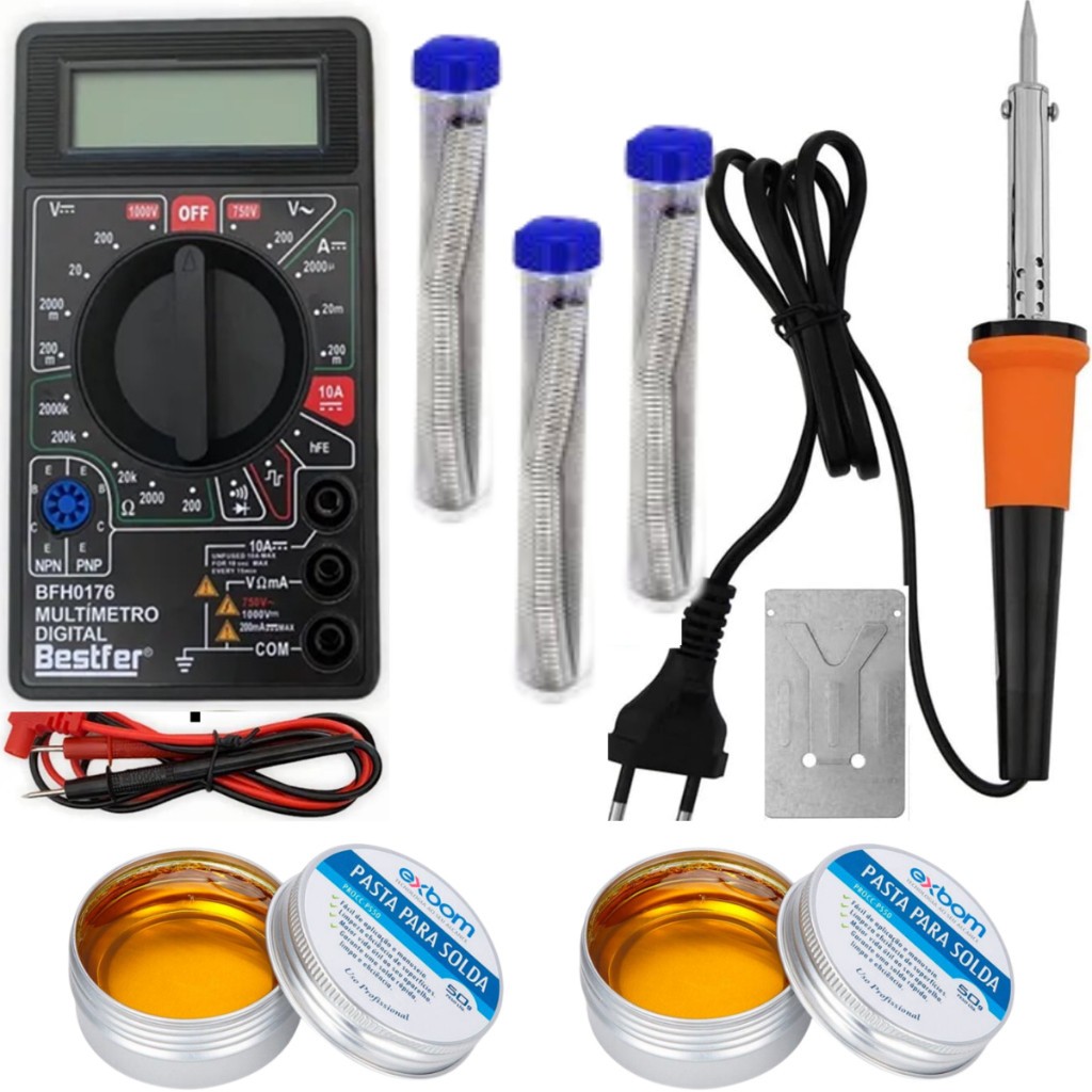 KIT FERRO SOLDA SUPORTE 60W 220v + PASTA SOLDA 100g + TUBO ESTANHO 30G + MULTIMETRO DIGITAL