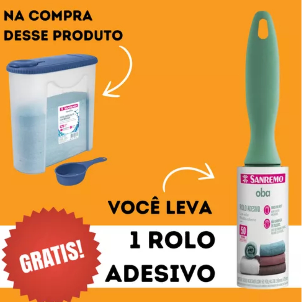 Pote Porta Sabão Em Pó 1 Kg Tampa Direcionador Com Dosador Rolo Adesivo