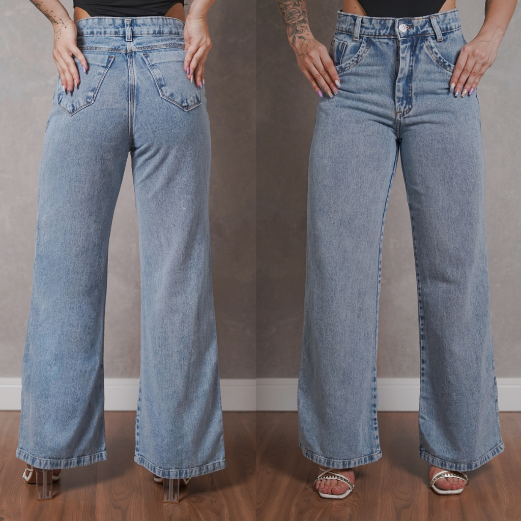 Calça Jeans Feminina Wide Leg Marmorizada Cintura Alta Pantalona Sem Lycra Reta Marmorizada Elegante em Oferta na Shopee