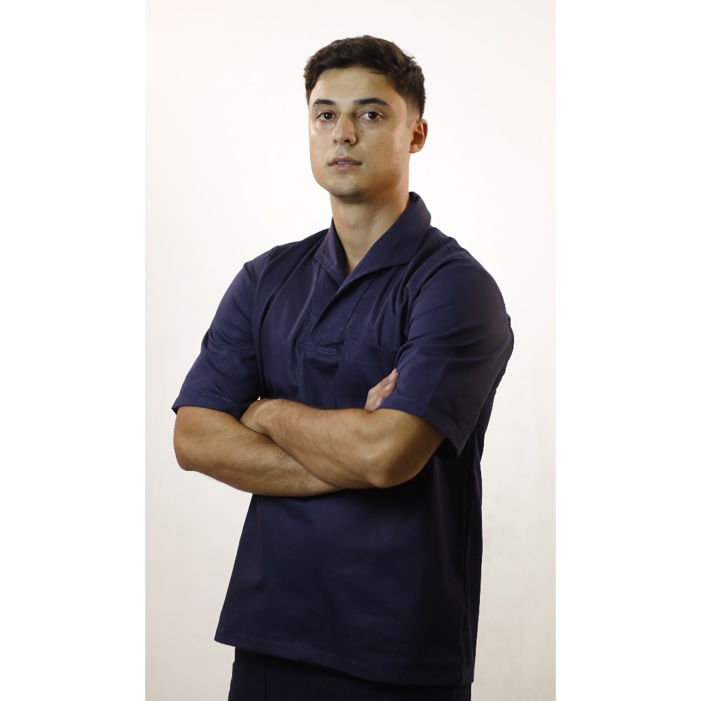 Kit Uniforme Profissional Conjunto Camisa + Calça Brim Operacional Empresa Cinza e Azul Mecânico