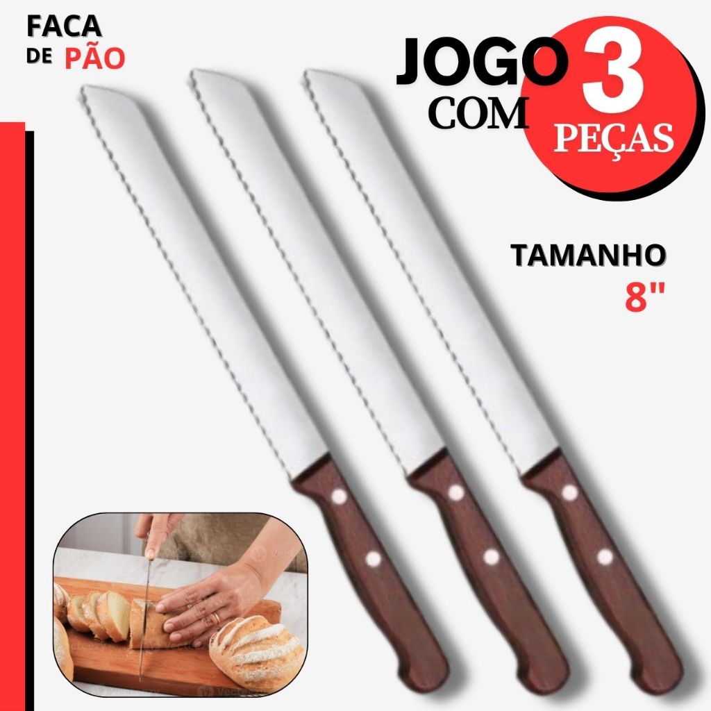 Faca Pão e Bolos INOX 8" com Serrilhada Cabo Madeira 3 Peças para Cozinha Restaurante Padarias