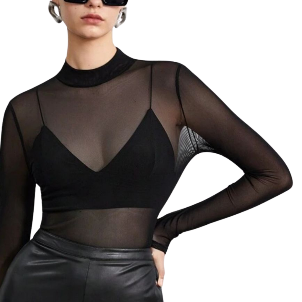 Blusa Feminina De Tule Transparente Manga Longa