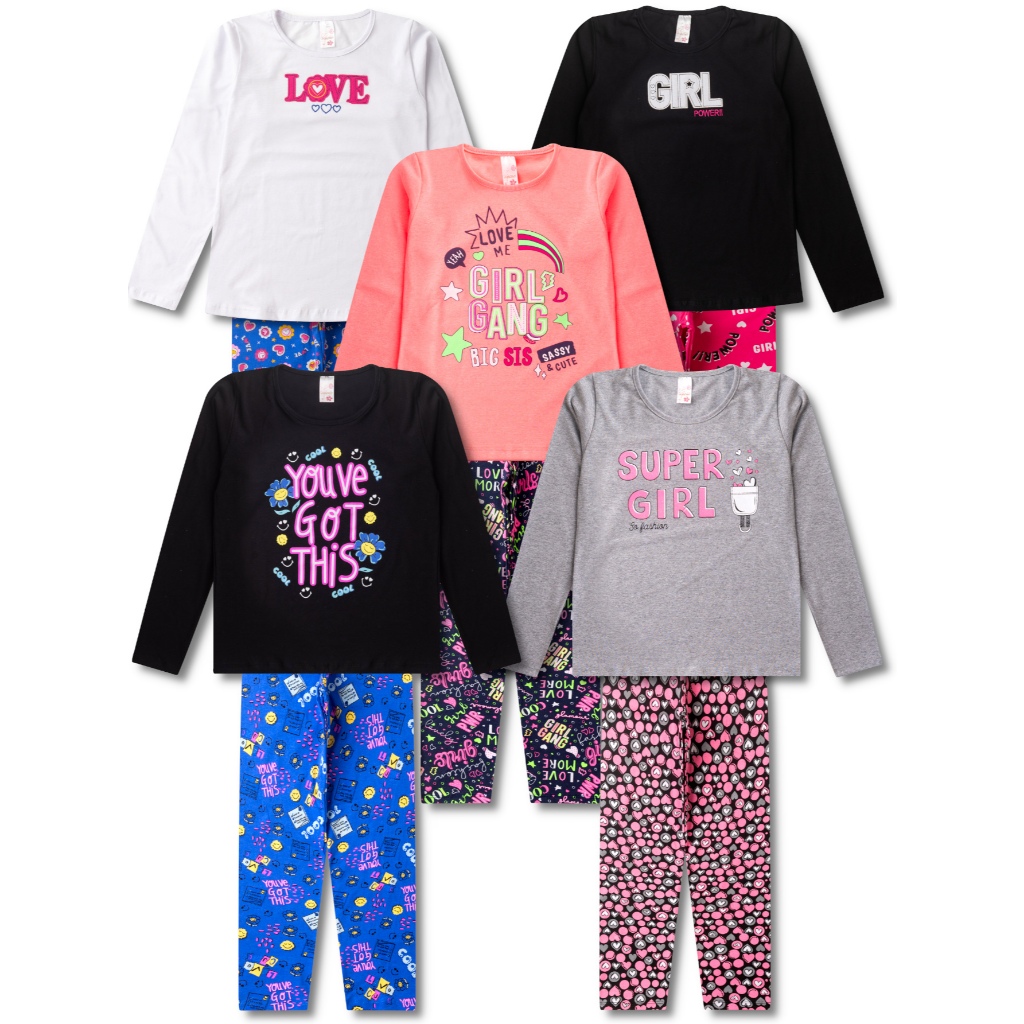 10 Peças de Conjuntos Meia Estação Roupa Juvenil Infantil Feminino Inverno - 5 Blusinhas e 5 Calças