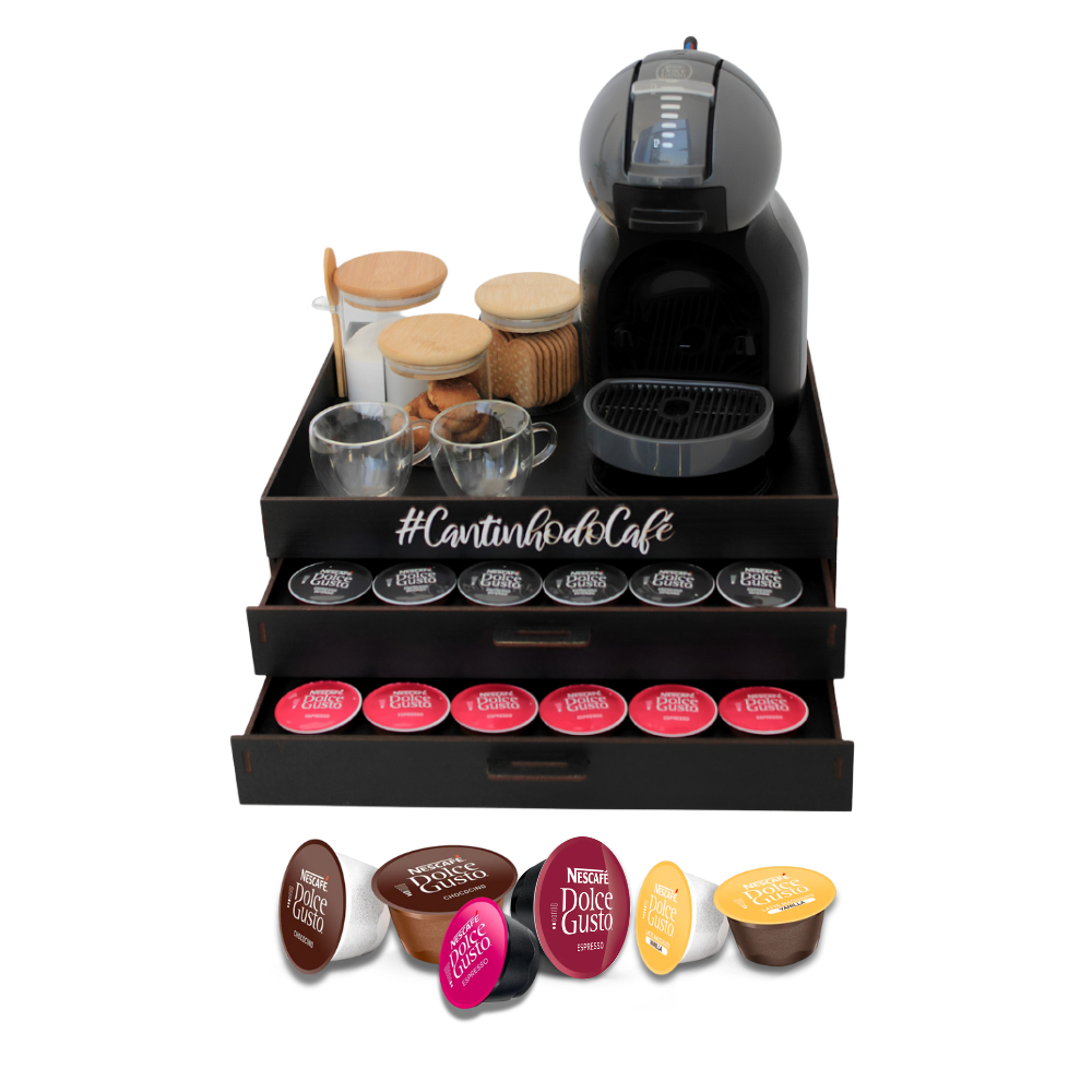 Suporte Organizador Cápsulas Cafe Chá Cafeteira Dolce Gusto Bandeja 2 Gavetas Cantinho Café  Preto
