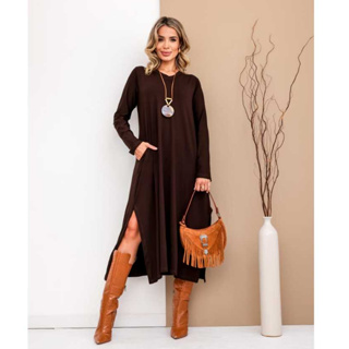 Vestido Feminino Manga Longa Midi Elegante Confortável com Bolso Saruel em Oferta na Shopee