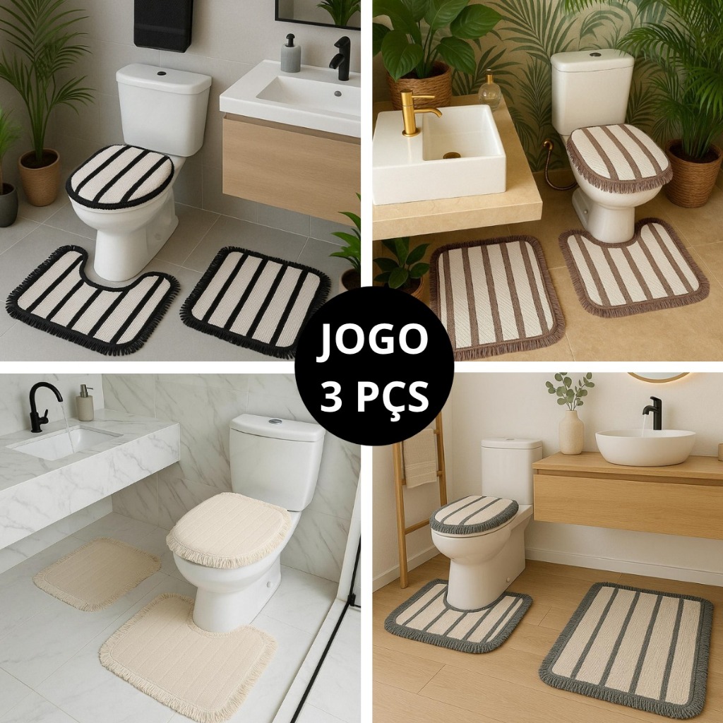 Kit Tapete Banheiro com 3 peças algodão Decoração listras boho com franja