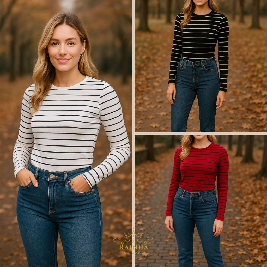 Kit C/3 Blusas Manga Longa Feminina Gola Redonda Tecido Canelado Listrado Premium TÊNDENCI...