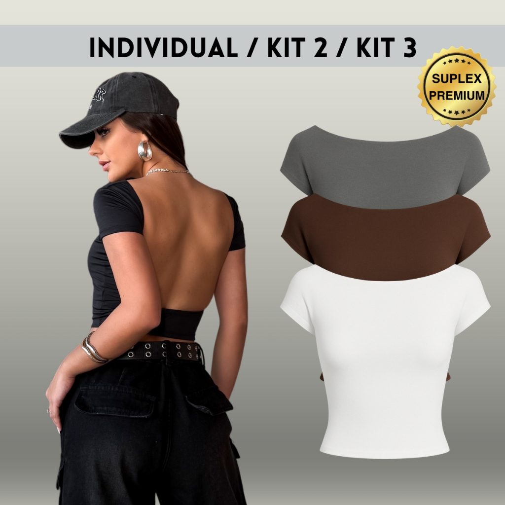 Cropped Costa Nua Suplex Feminina Ombro a Ombro manga curta Baby Tee Liso Casual Básico Tecido Duplo