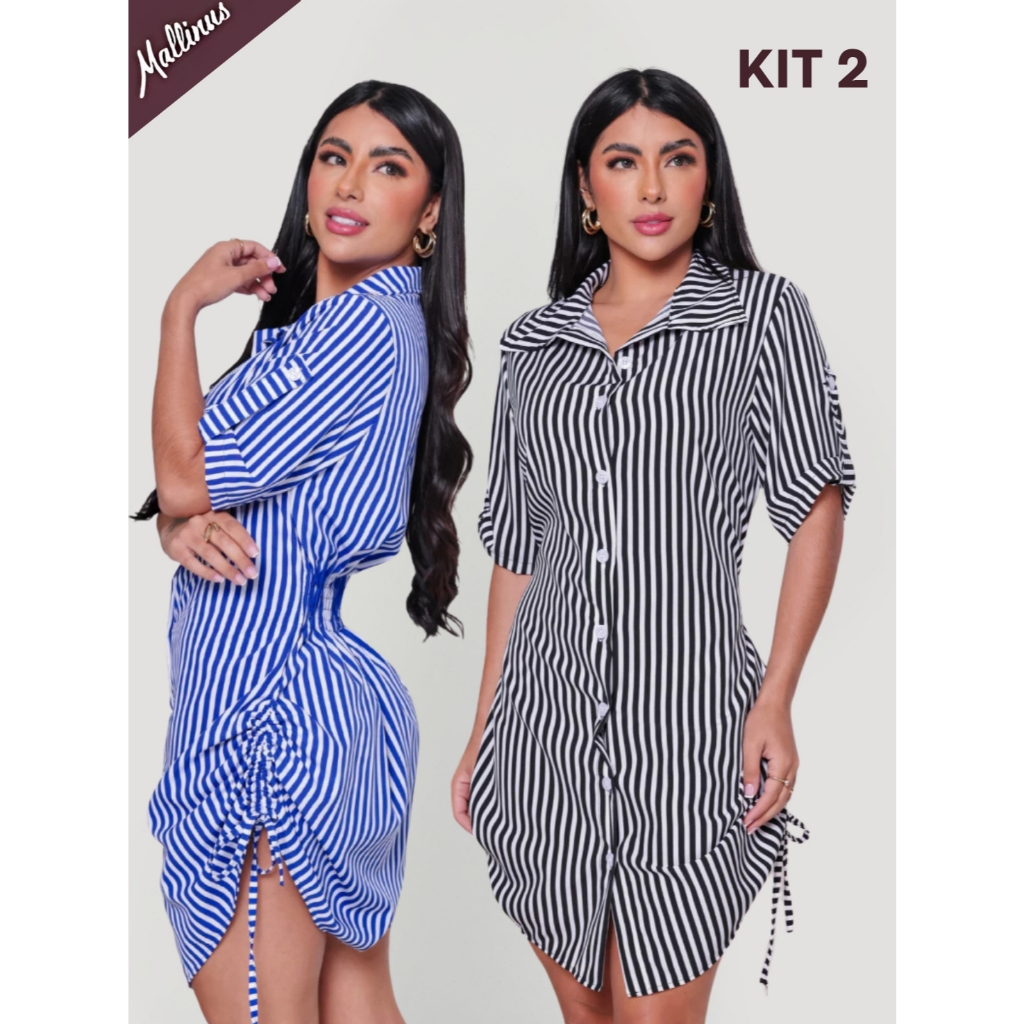 Kit 2 Vestido Feminino Chemise Listrado Ajustável Com Botões Manga Média Moda Blogueira em Oferta na Shopee