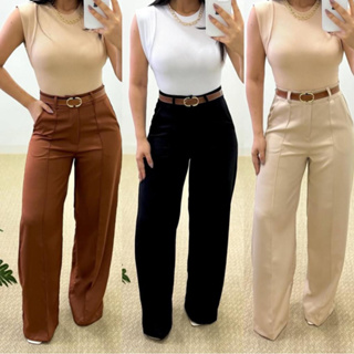 Calça Pantalona Feminina Alfaiataria Cintura Alta Social Wide Leg em Oferta na Shopee