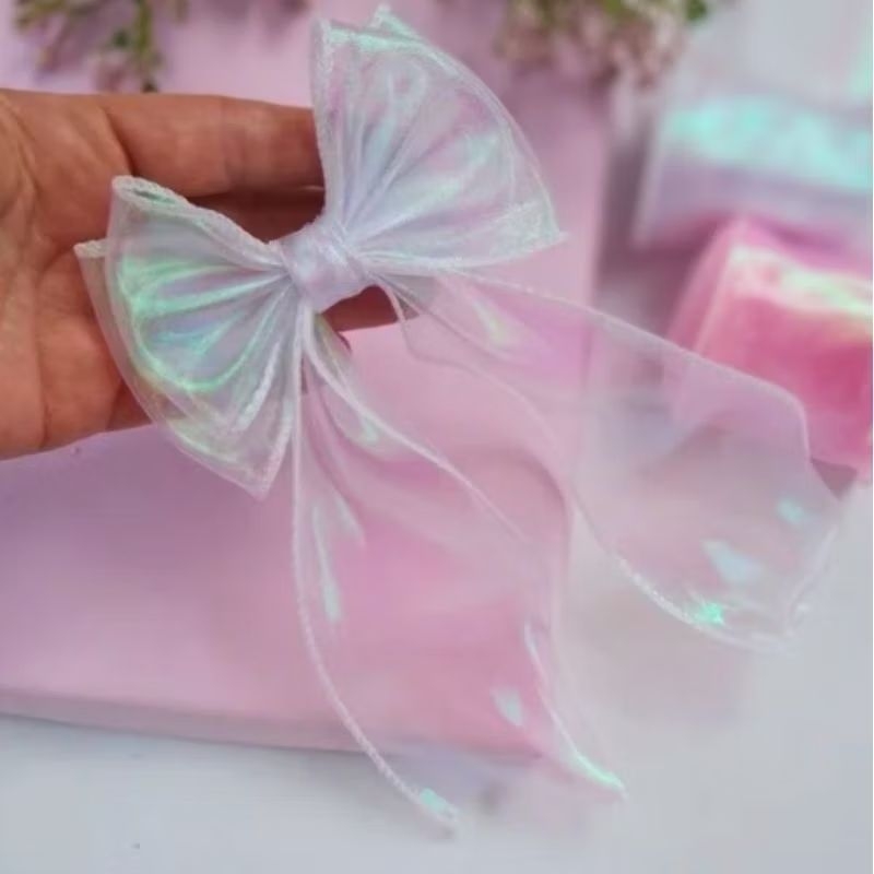 Laço  holográfico brilho furta cor  pontas tendência presente aniversario L503