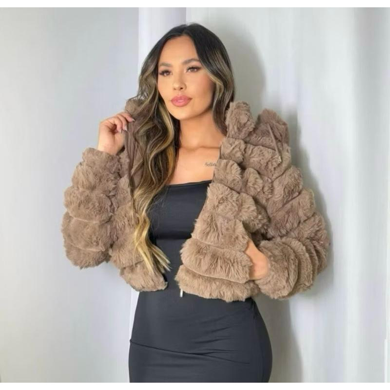 Casaco Jaqueta Feminina Puffer Peluciada Várias Cores com Capuz Removível Forrada