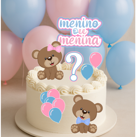 Topo de Bolo Chá Revelação Personalizado | Ursinhos Fofo | Menino ou Menina? - ROSA E AZUL