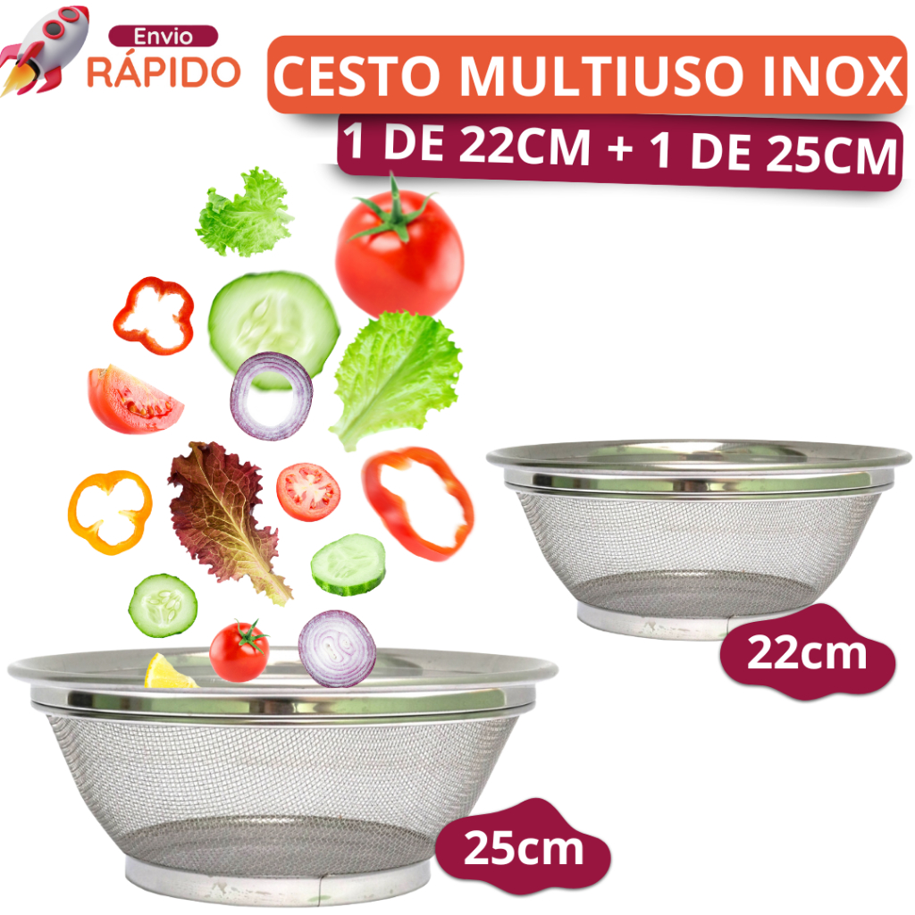 Kit 2 Cesto 1 22cm + 1 25cm Escorrer Alimentos Cozinhar Legumes no Vapor Escorredor Arroz Macarrão