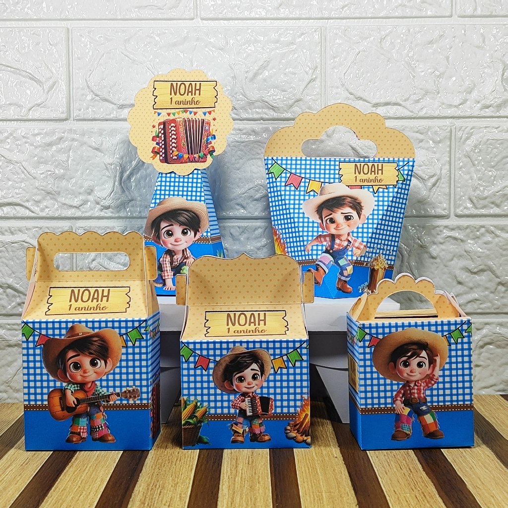 Kit Festa Personalizados FESTA JUNINA menino azul Lembrancinhas Caixinhas de aniversário para festa - PEGUE E MONTE