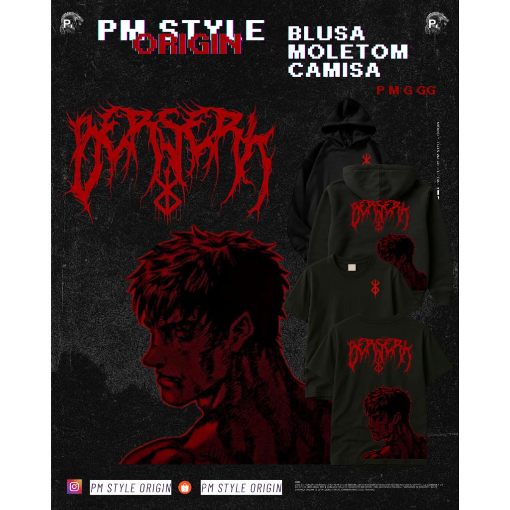 Blusa Moletom Bordado Unissex Alta Qualidade Anime Berserk Marca Guts Costas e Frente Logo Berserk