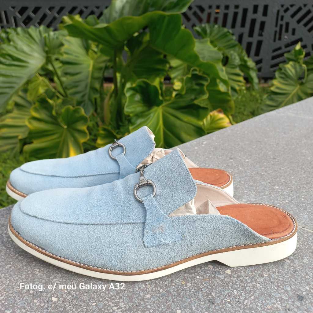 SAPATO MULE SOCIAL EM CAMURÇA AZUL CEU  ELEGANTE E CONFORTAVEL