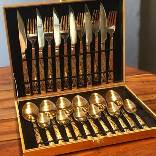 Kit Jogo Faqueiro inox 24 Peças Com detalhe Duorado + Maleta Aproveite em Oferta na Shopee