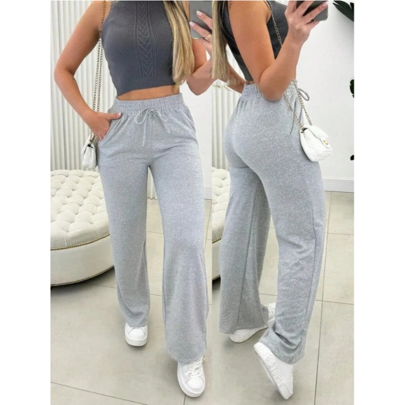 Calça Pantalona feminina cintura alta e com bolso tecido lanzinha inverno