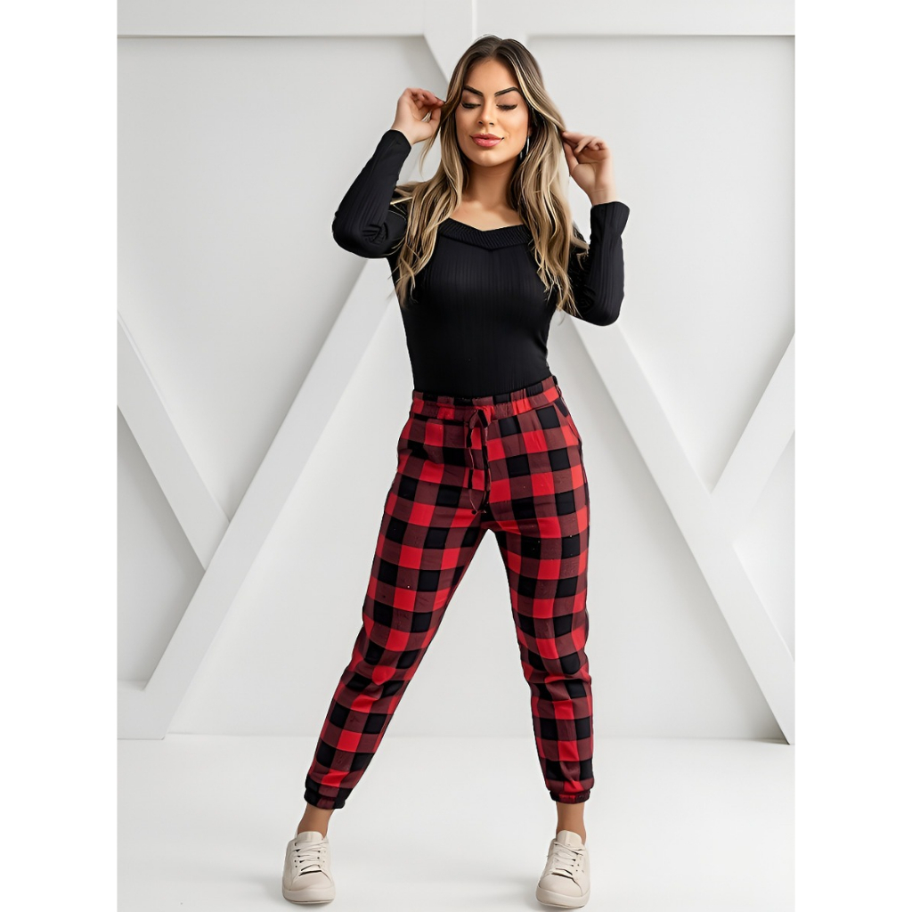 Calça Femenina Xadrez Junina Inverno Calça Jogger