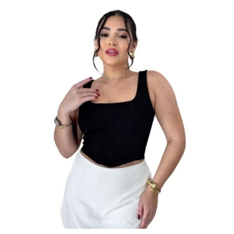 Cropped Corset Bico em V Alça Larga Estilosa e Confortável Blusinha Tendência Moda Corselete Fashion