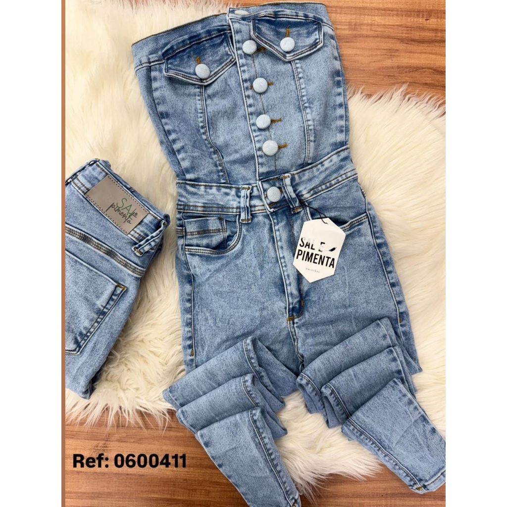 Macacão  jeans feminino sal e pimenta 🌶️ original  tomara que caia com Lycra