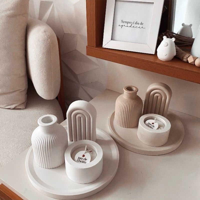Kit NEUTRAL: Vaso minimalista + Arco 10cm + Vela aromática e Bandeja DECORA 20cm | Produto Artesanal.