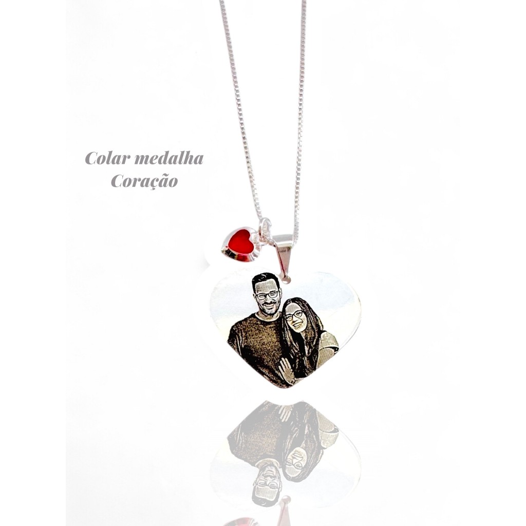 Colar medalha personalizada Foto gravação a laser Colar Coração + Pingente em zircônia- banhado e ouro18k ENVIO EXPRESSO