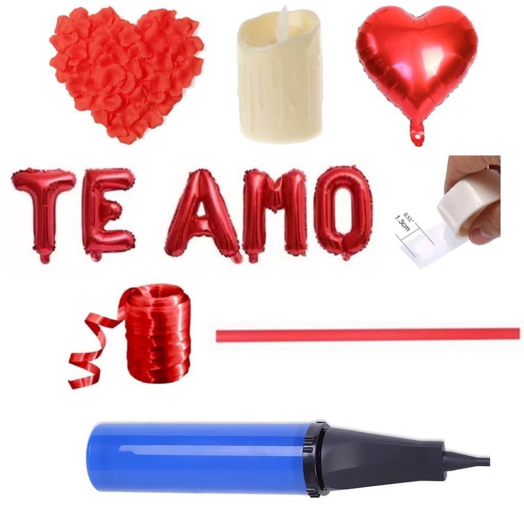 200 Pétalas + 6 Velas Led + 10 Balão Coração + Te Amo + Fiitilho + Adesivo Cola Balão + Bomba de Ar