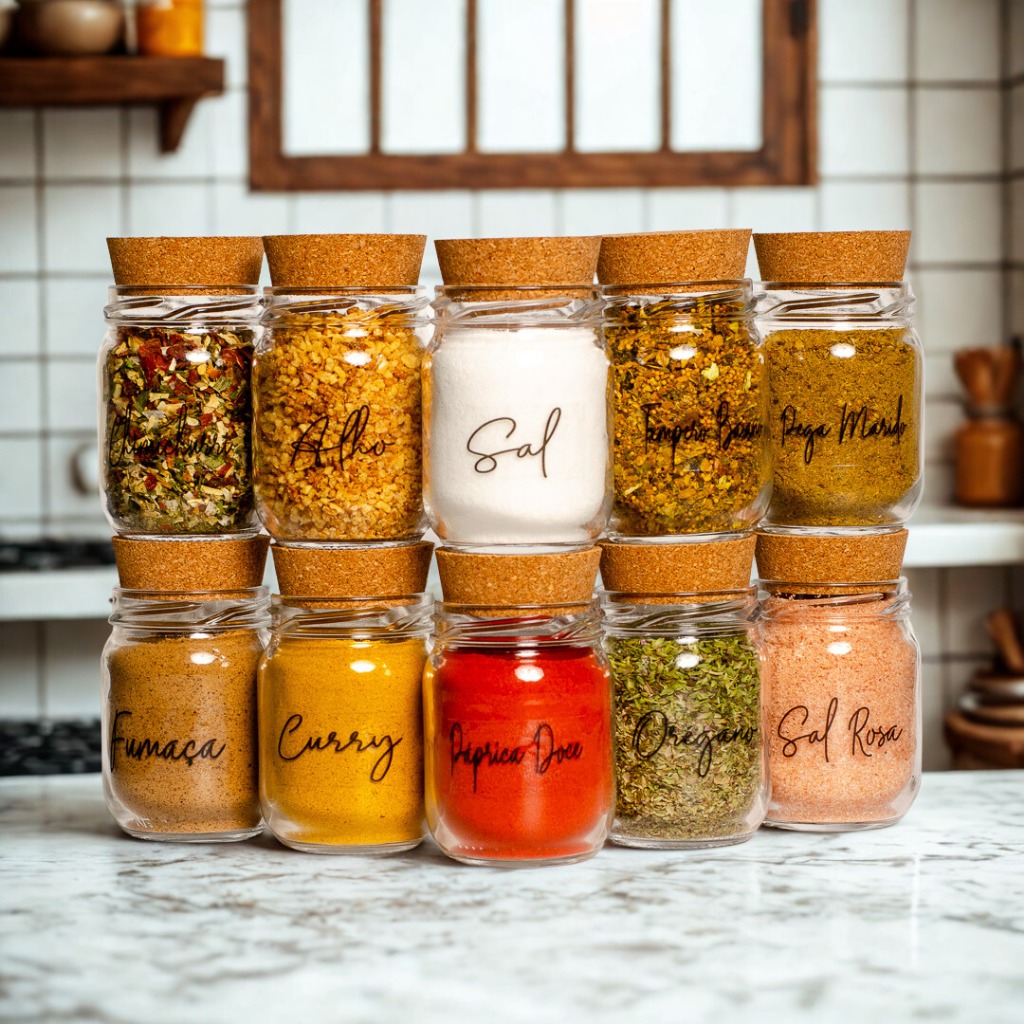 Kit Potes de Tempero 200ml - Porta Temperos - Cartela de Temperos com 42 Adesivos Opcionais em Oferta na Shopee