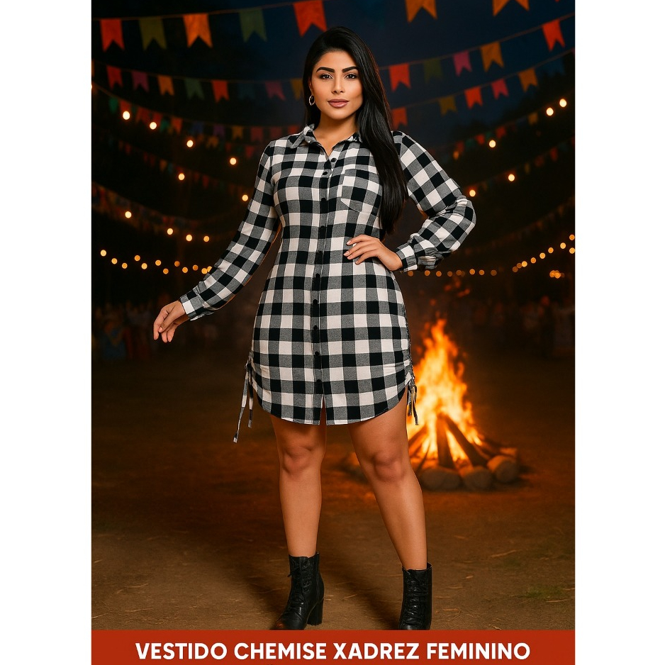 Vestido Chemise Xadrez Feminino São João 2025 | Manga Longa com Amarração Lateral | Look F...