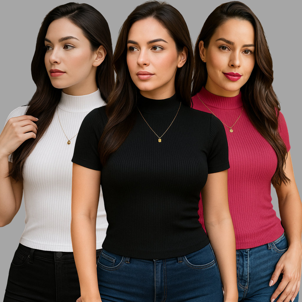 Kit 3 Blusa Canelada Feminina Gola Alta Manga Curta