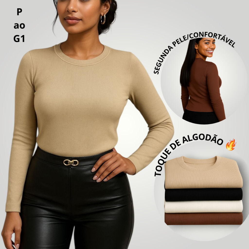 Blusa de frio Feminina gola careca segunda pele canelada manga longa em Oferta na Shopee