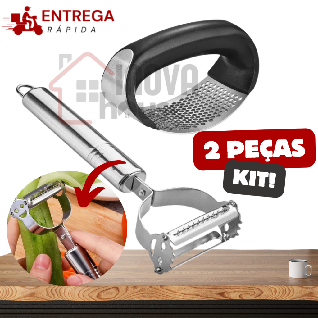 Kit 2 Utensílios de Cozinha em Aço Inox: Espremedor de Alho e Descascador 2 em 1 Multiuso