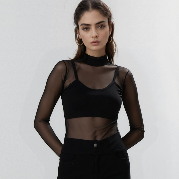 Gola Simulada blusa de Tule manga longa Malha Transparent Sem Sutiã preta branca Marrom varias cores