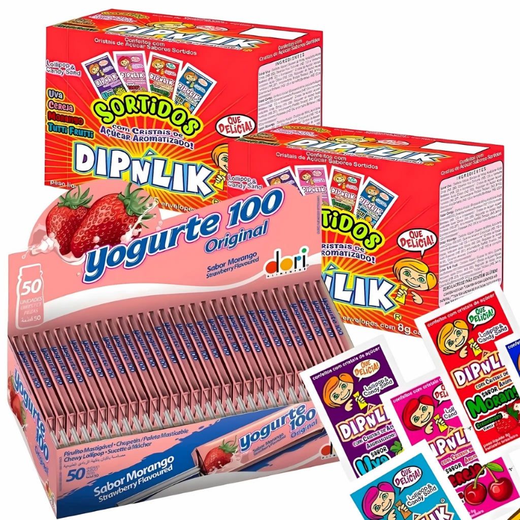 Kit Pirulitos Nostálgicos 2 Caixas de Pirulito Dipnlik + 1 Caixa de Pirulitos Yogurte 100 50UN