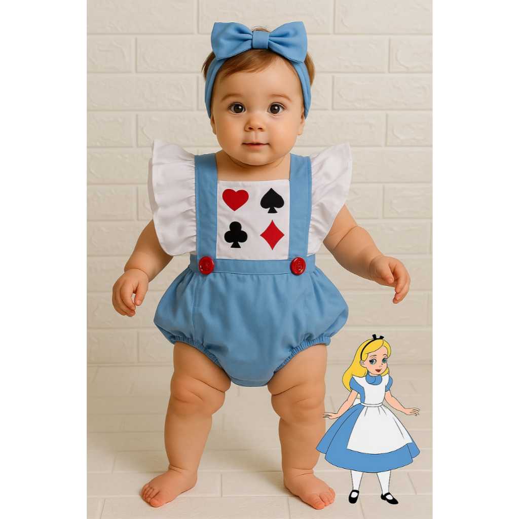 Romper, Salopete, Jardineira menina infantil Alice no País das Maravilhas com turbante