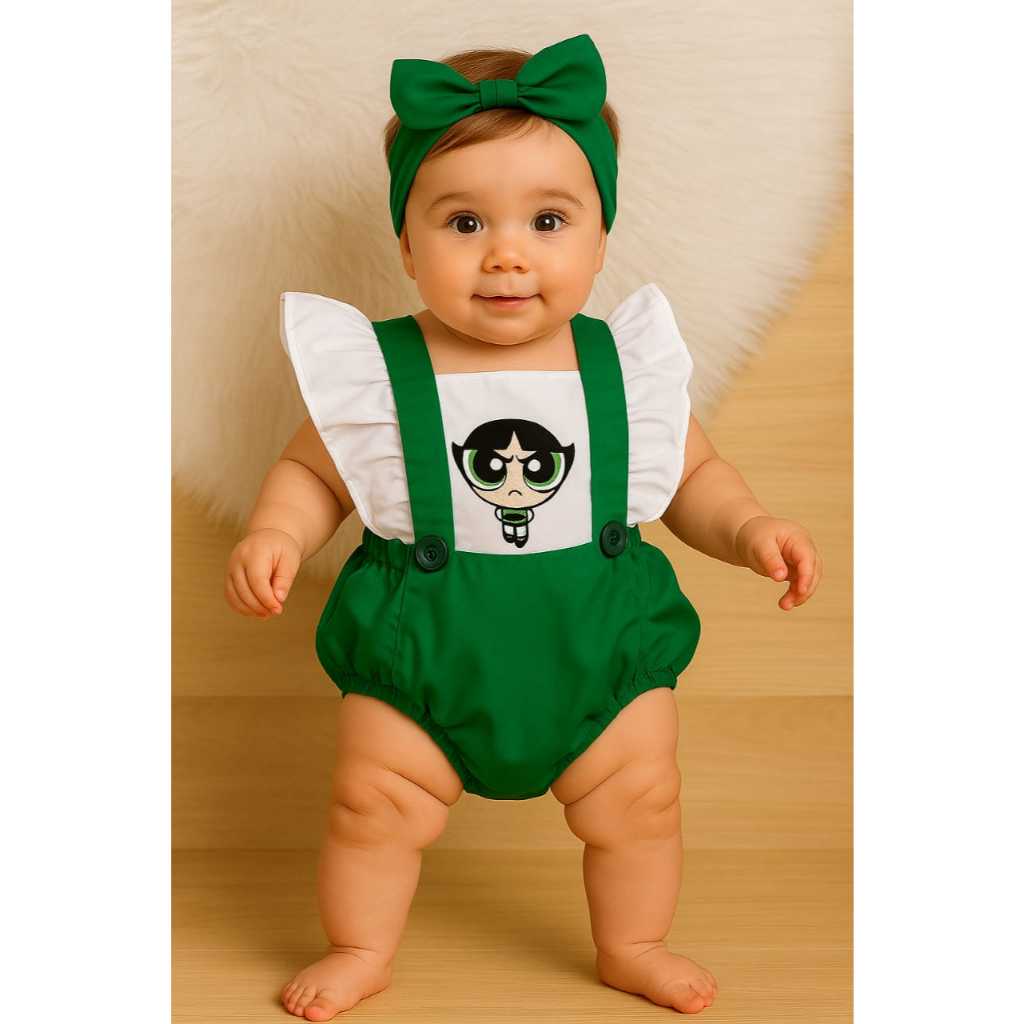Romper Bebê Menina Super Poderosas Mesversário Docinho Florzinha e Lindinha com Turbante
