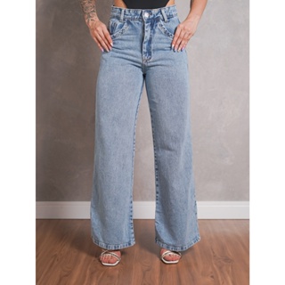 Calça Jeans Feminina Wide Leg Pantalona Sem Lycra Casual Cintura Alta Marmorizada Elegante Premium em Oferta na Shopee