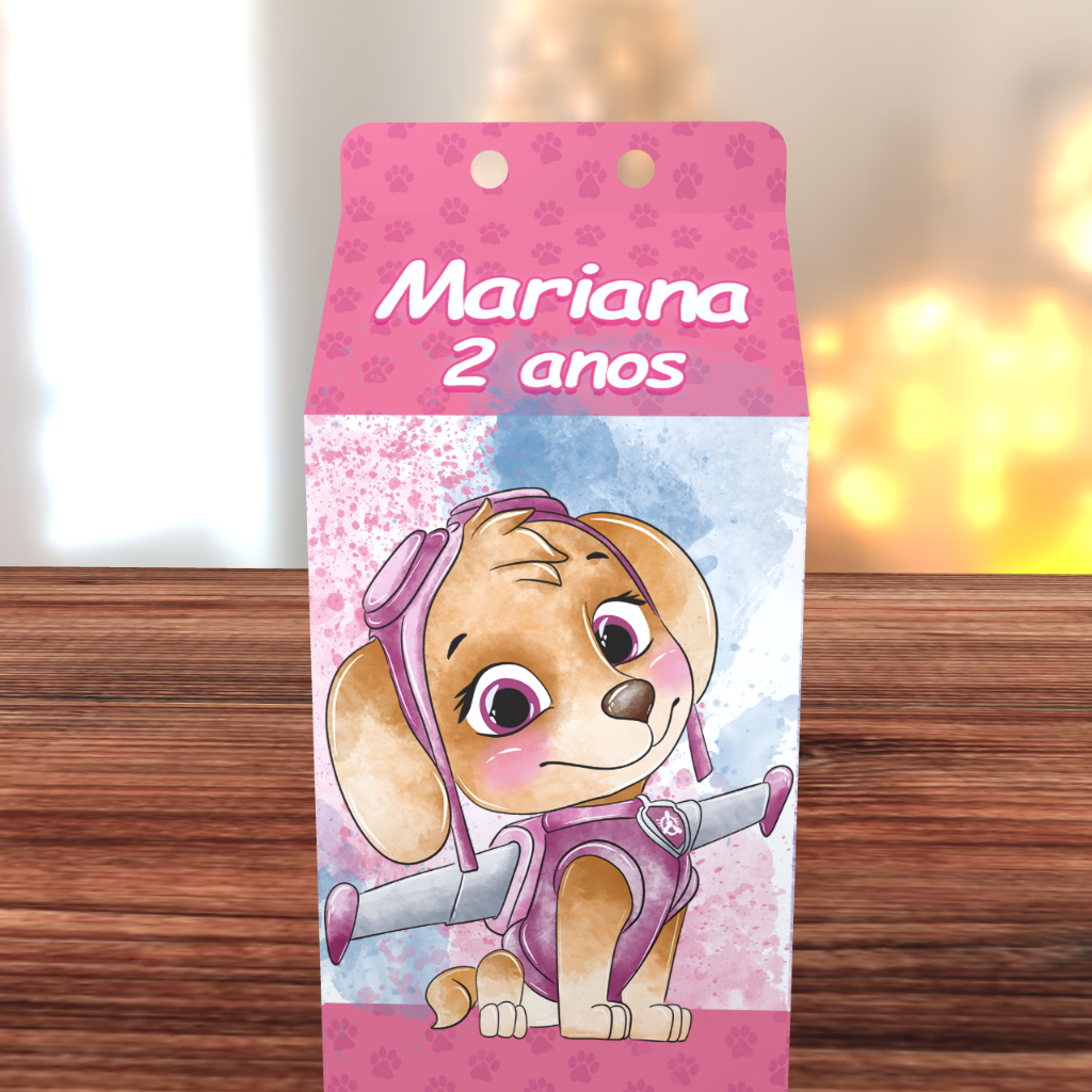 Caixa Milk Personalizada Patrulha Canina Aquarela Rosa com Nome - Lembrancinha Aniversário Menina