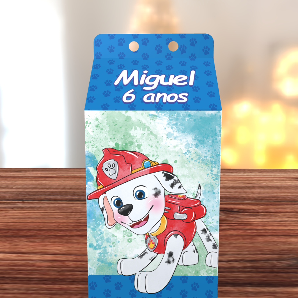 Caixa Milk Personalizada Patrulha Canina Aquarela Azul com Nome - Lembrancinha Aniversário Menino