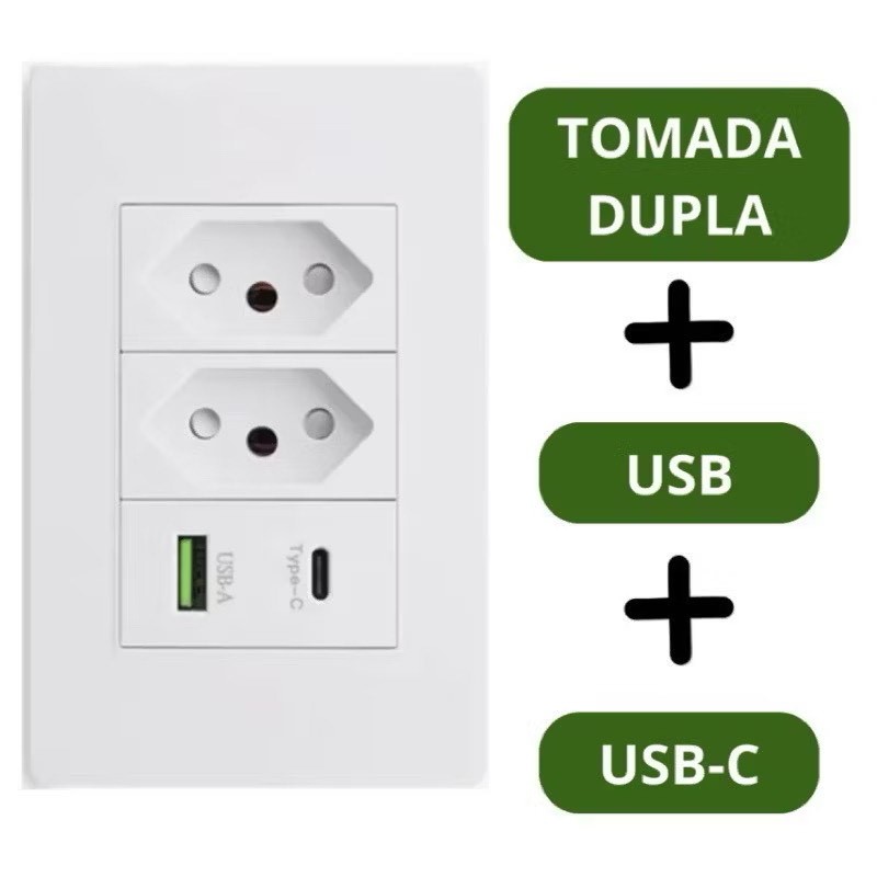 Tomada Dupla 10A Com USB Universal Modular De Parede Para Embutir Completa