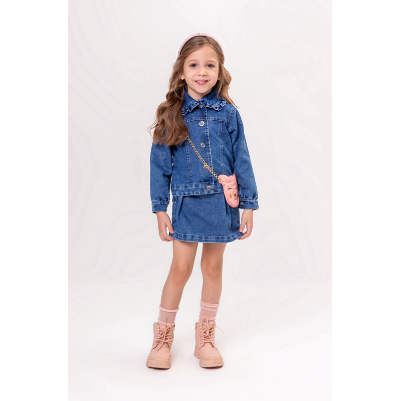 Conjunto inverno infantil shorts  saia e jaqueta  jeans vigat 4013