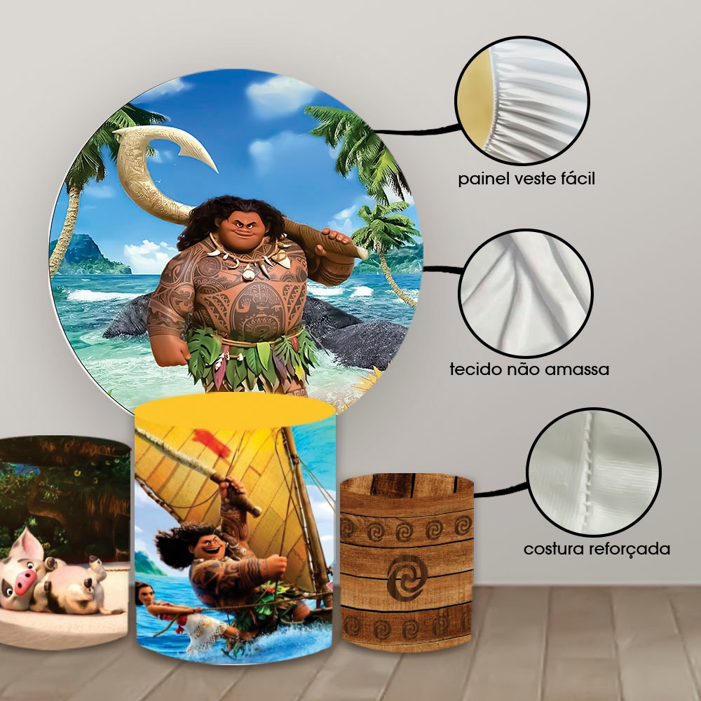 KIT TRIO DE CILINDROS VEST FACIL + PAINEL REDONDO SUBLIMADO TEMA MONA E MAUI FESTA DE ANIVERSARIO